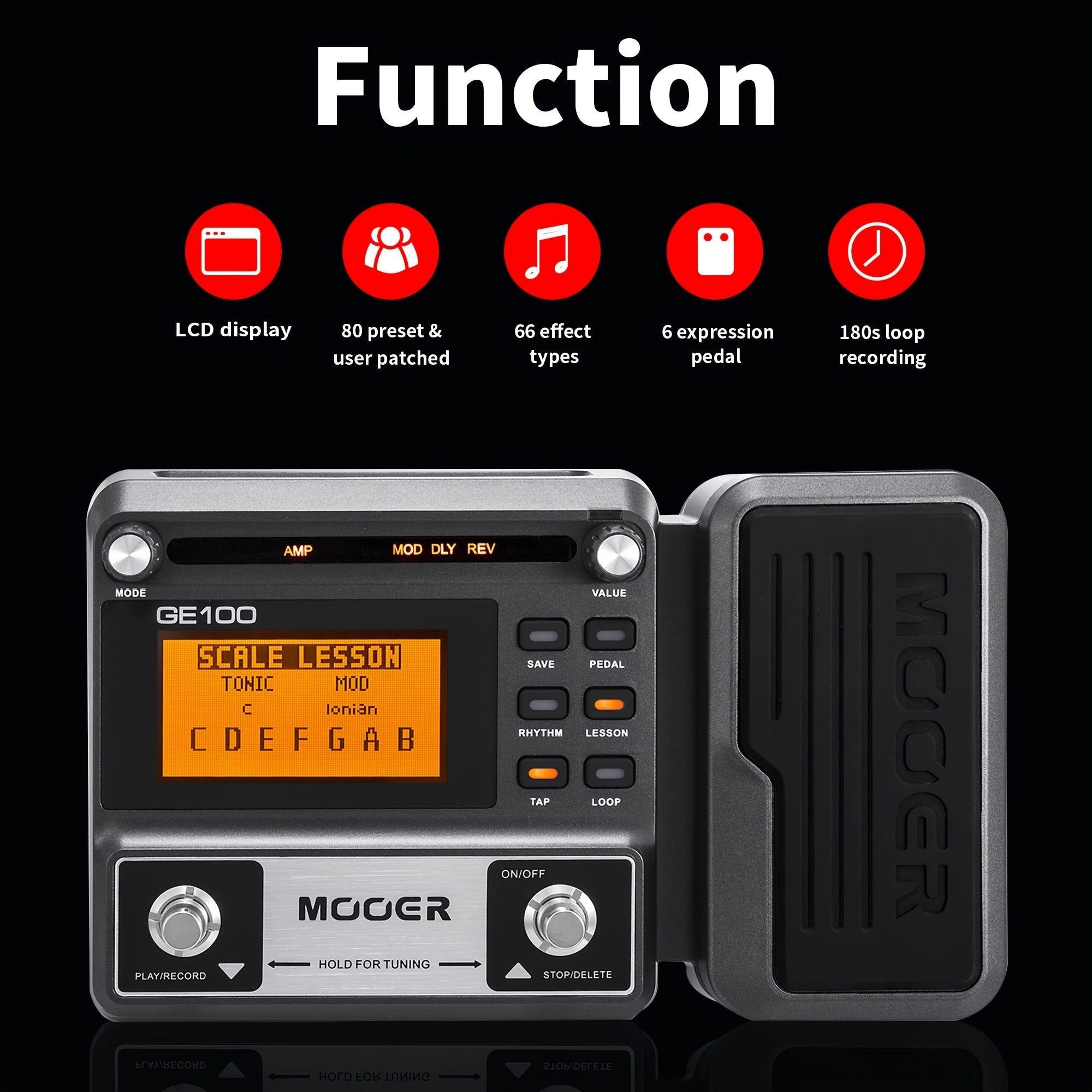 Procesador de Efectos de Guitarra Completo MOOER GE100 con Pantalla LCD, 80 Tonos Predefinidos, 80 Tonos Editables por el Usuario, 8 Módulos de Efectos, 66 Tipos de Efectos, Grabación en Bucle de 180 Segundos, Simulación de Altavoz + Simulación de Un Sol
