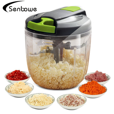 SENBOWE Cortador de alimentos manual multifuncional con mango y tapa - Cortador de verduras, prensa de ajo para cebolla, ajo, chile, zanahorias, jengibre, frutas - Regalo ideal para cocina (verde/azul/520ml/900ml), procesamiento de alimentos