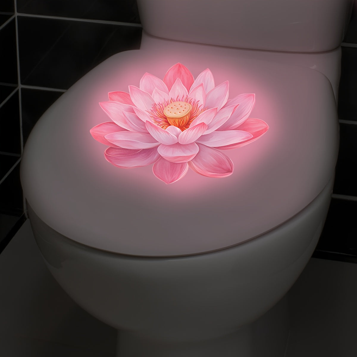 1 pieza Pegatina Luminosa para Inodoro de Baño, Luz Nocturna para Pared con Diseño de Loto - Pegatinas de PVC Rosa Suave, Adecuadas para el Baño y la Asiento del Inodoro, Pegatinas Decorativas para el Hogar