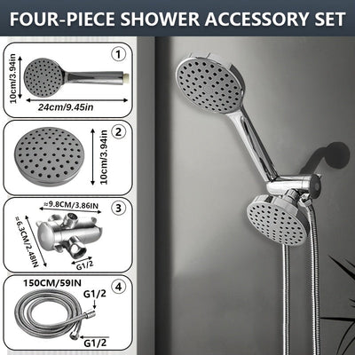 1 juego de cabezal de ducha de alto flujo de 4 pulgadas y manguera, set de ducha manual 2 en 1 con manguera de 59 pulgadas, desviador de 3 vías con soporte para cabezal de ducha, accesorio de baño de plástico estilo glam montado en la pared, salida doble