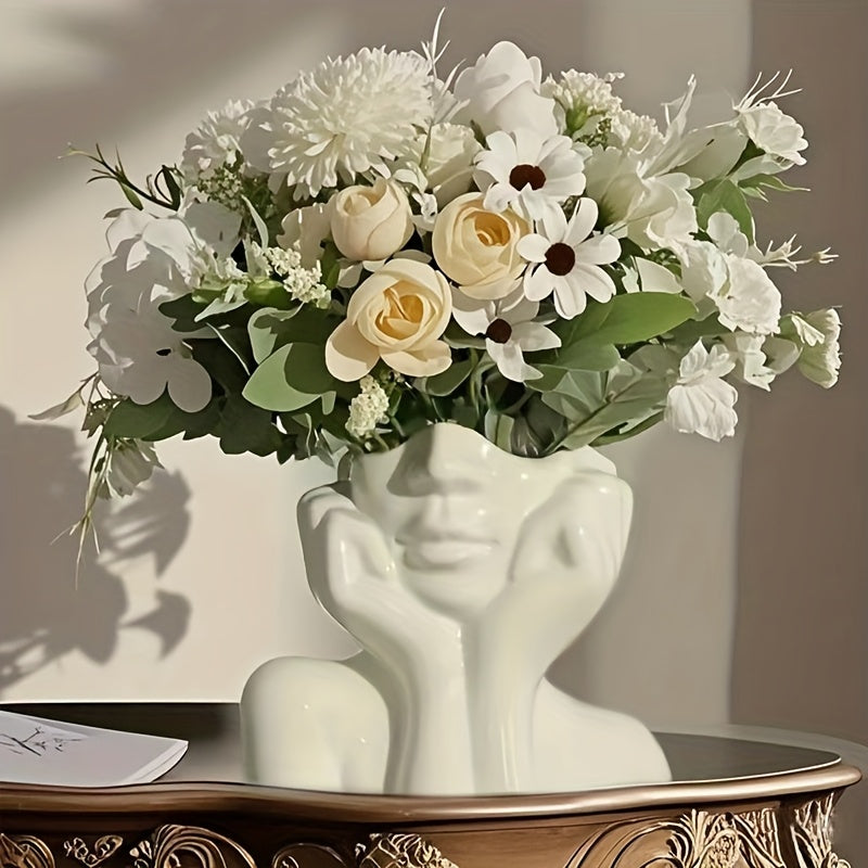 Florero con forma de rostro femenino, blanco, decorativo, moderno, para centro de mesa, estante, sala, oficina o dormitorio