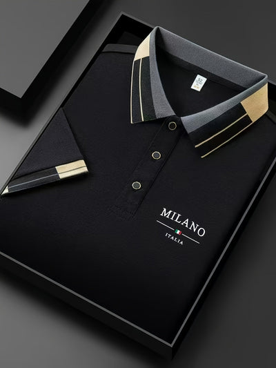 Camiseta polo ligera y suave para hombre con estampado de letras "MILANO ITALIA" - Transpirable para verano, uso casual y empresarial, ajuste regular, cuello con botones, perfecta para vacaciones y uso diario, ropa de vacaciones, diseño de contraste eleg