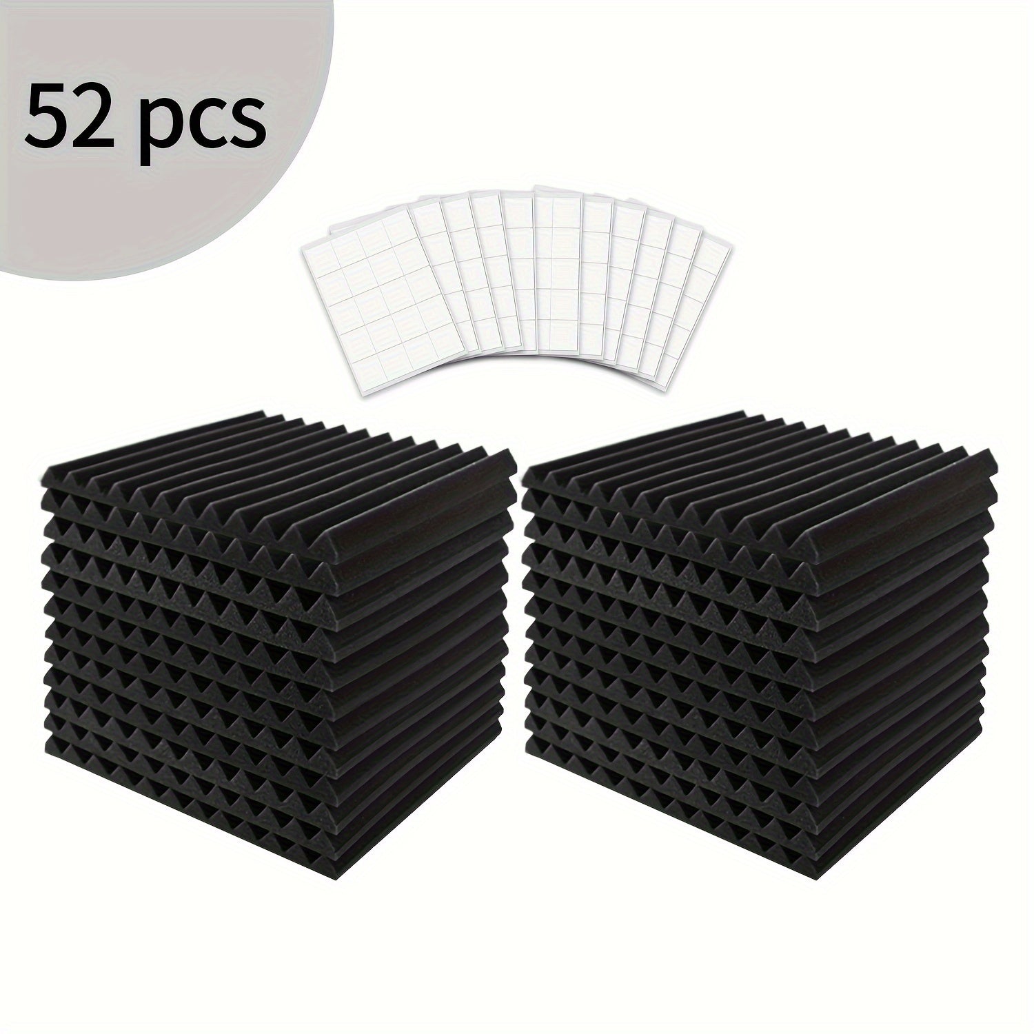 [52 piezas, espuma acústica] 52 piezas de espuma acústica negra para insonorización | Paneles en forma de cuña de 30.48 cm x 30.48 cm x 2.54 cm con adhesivo doble cara, ideal para reducir ruido en dormitorios, estudios y oficinas