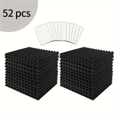 [52 piezas, espuma acústica] 52 piezas de espuma acústica negra para insonorización | Paneles en forma de cuña de 30.48 cm x 30.48 cm x 2.54 cm con adhesivo doble cara, ideal para reducir ruido en dormitorios, estudios y oficinas