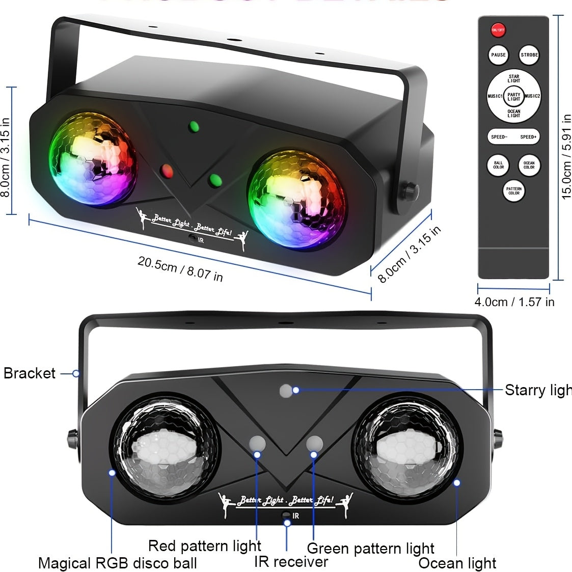 Luz de bola de disco LED con control remoto - Alimentada por USB, multicolor (negro, rosa, morado, azul, verde) - Ideal para fiestas, Navidad, Acción de Gracias, Viernes Negro, bares, clubes, discotecas, karaoke