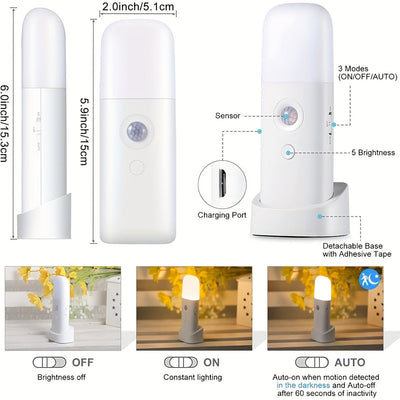 Una luz nocturna LED con detección de movimiento, carga USB y brillo ajustable, que cuenta con una batería recargable de 2000mAh incorporada, ideal para su uso portátil en salas de estar, dormitorios y pasillos.