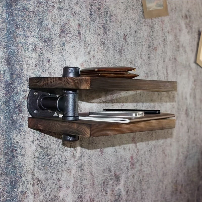Estante de pared rústico de madera con doble estante, estilo industrial americano, diseño de tubería vintage, estante de almacenamiento multiusos con tubería de metal, acabado pintado, para uso doméstico y de cocina