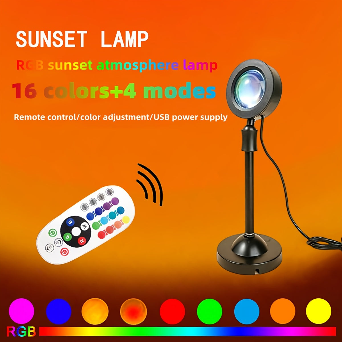 Lámpara de proyección de atardecer con USB, 16 colores, rotación 360°, control remoto, luz nocturna para dormitorio, fiestas o bodas, acabado en metal elegante | Solución de iluminación versátil