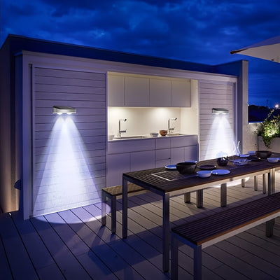 Juego de 2/4/8 luces solares para pared exterior de acero inoxidable, luces solares para exteriores, luces para pared con sensor crepuscular, luces solares para cercas, en modo luz cálida/blanca/RGB, para patios, barandales, jardines y paredes de porche