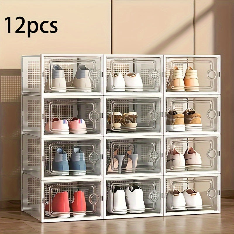 12/6 Piezas, Cajas De Almacenamiento De Zapatos, Plástico De Color Negro Transparente XL, Gabinetes De Organizador De Zapatos Cuadrados Con Tapas, Impermeables, Multi-Propósito, Diseño De Tapa Abatible, Cajones De Almacenamiento De Hogar Y Cocina