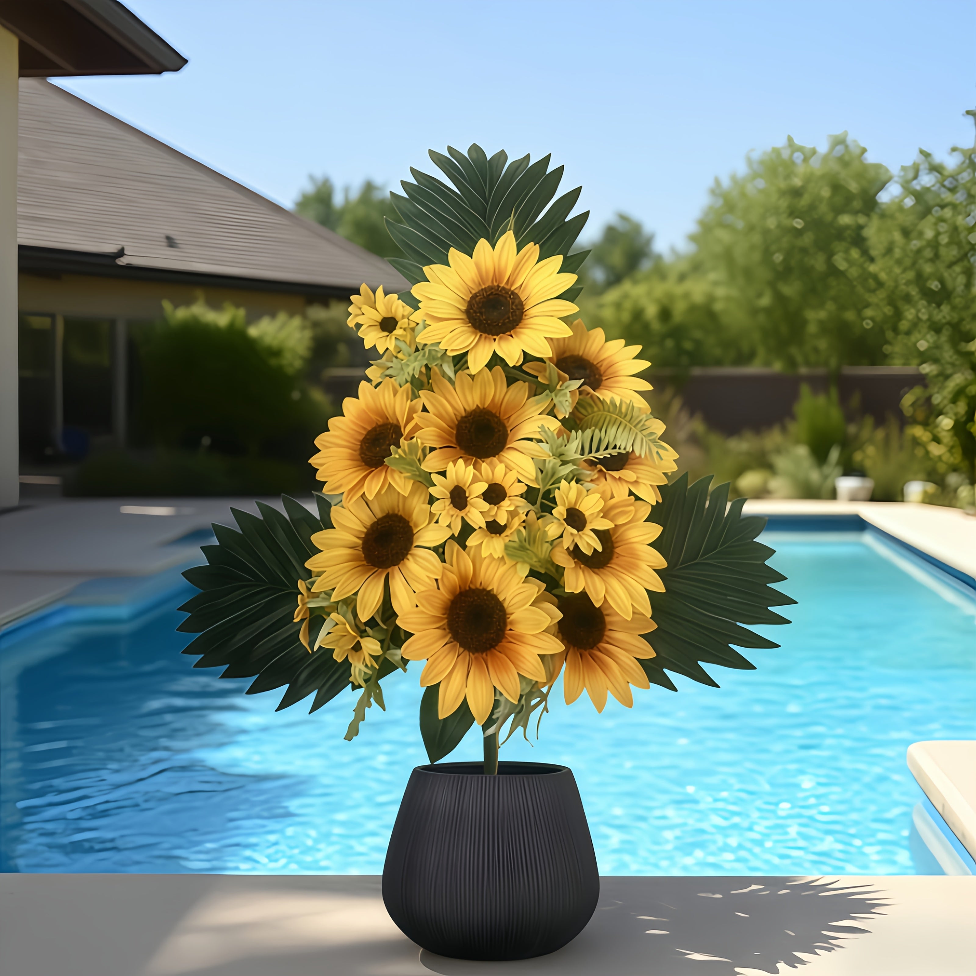 Árbol de Girasoles Artificiales de 60 cm/23.62 pulgadas con 9 Flores y 3 Hojas Grandes Realistas - Decoración de Otoño de Plástico de Alta Calidad, Resistente al Clima para Interior/Exterior, Patio o Mesa, Plantilla Duradera y Fácil Instalación