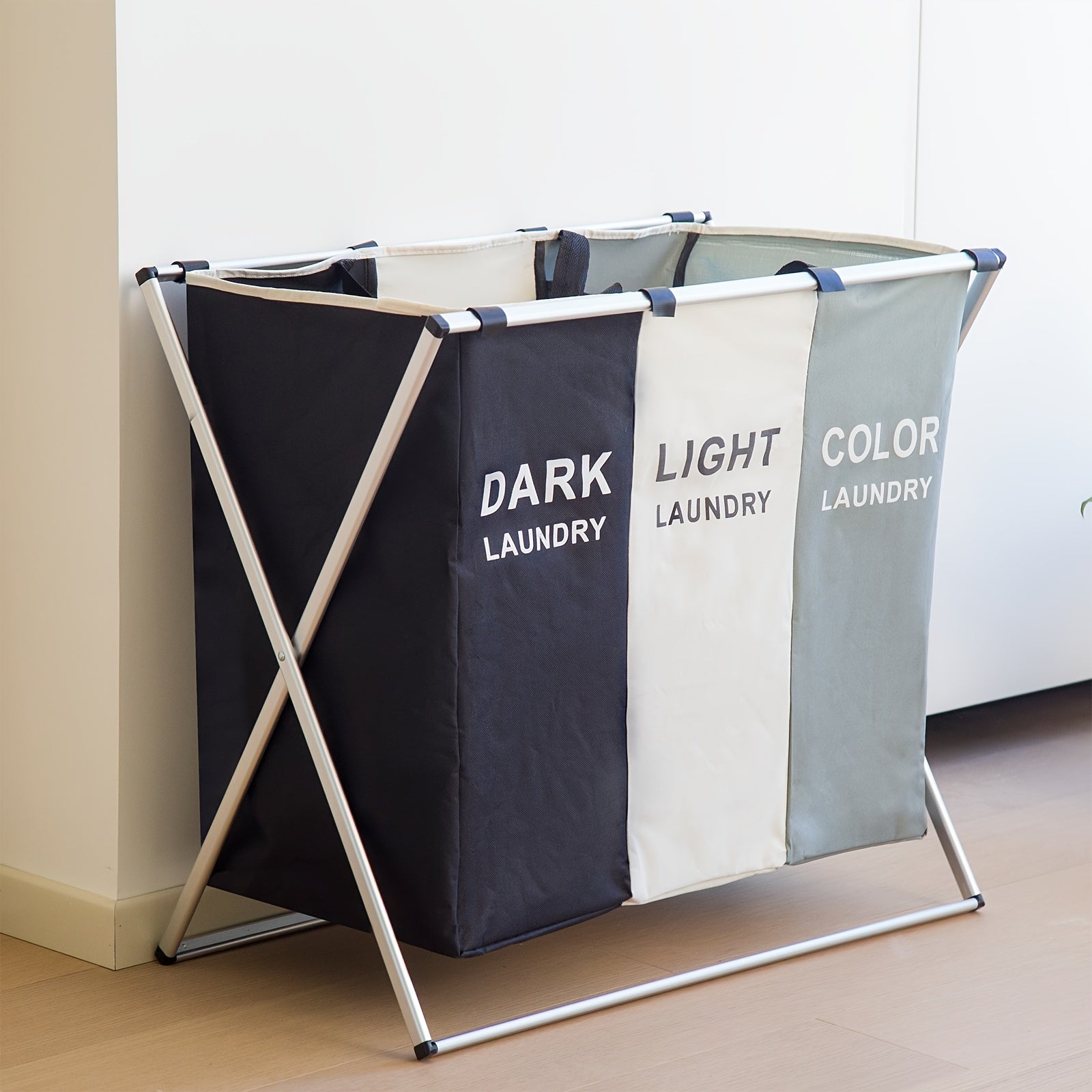 3 contenedores plegables para clasificar la ropa - Nylon duradero, asas fáciles de agarrar, hamaca de ropa portátil para dormitorio, baño, armario - Ideal para separar la ropa oscura, clara y de colores, solución para clasificar la ropa | Accesorio moder