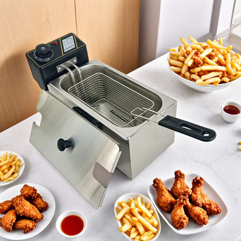 Cesta de freír de acero inoxidable con mango plegable, malla resistente al calor, adecuada para papas fritas, alas de pollo y snacks, fácil de limpiar, ideal para uso doméstico y comercial en la cocina.