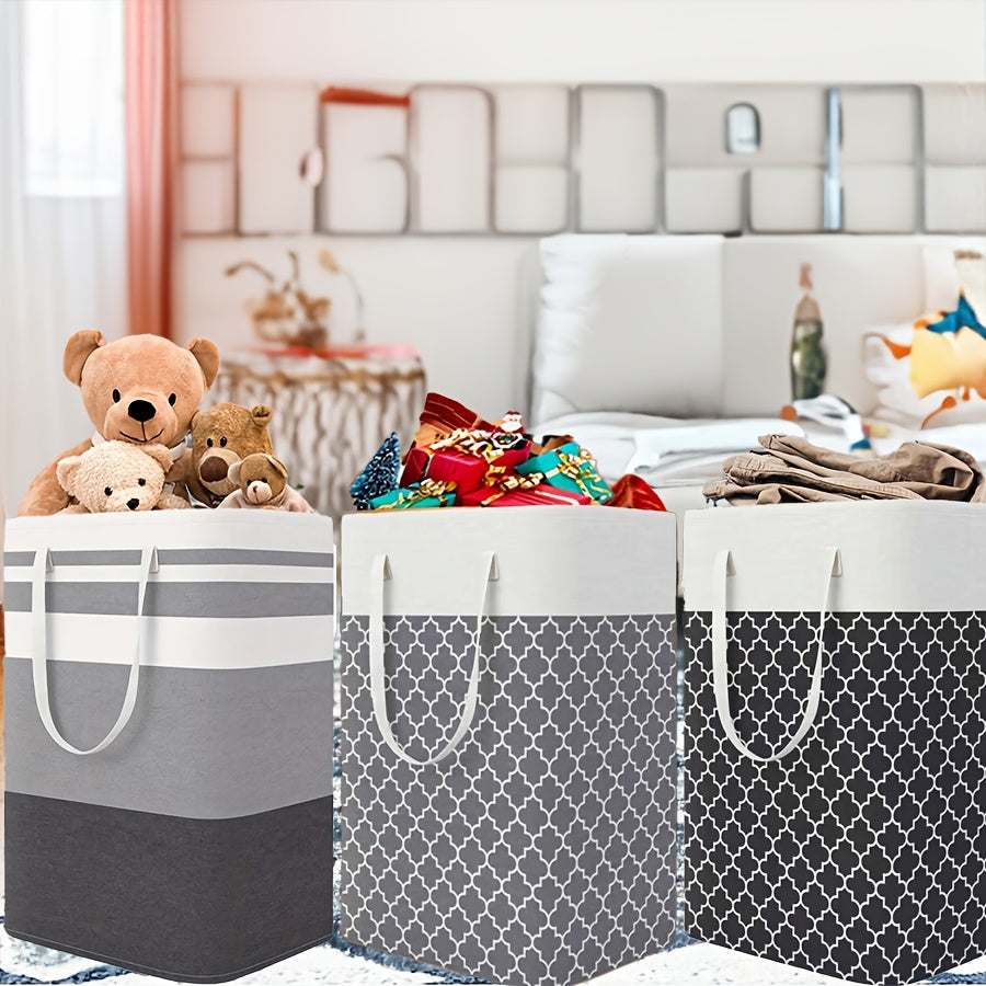 Canasta Grande Plegable para Ropa de 1 Pieza - Independiente, Poliéster Duradero, Elegante Patrón Geométrico en Blanco y Gris - Perfecta para Ropa, Juguetes y Almacenamiento en el Dormitorio - Ideal para Residencias Estudiantiles y Familias, Edad 14+