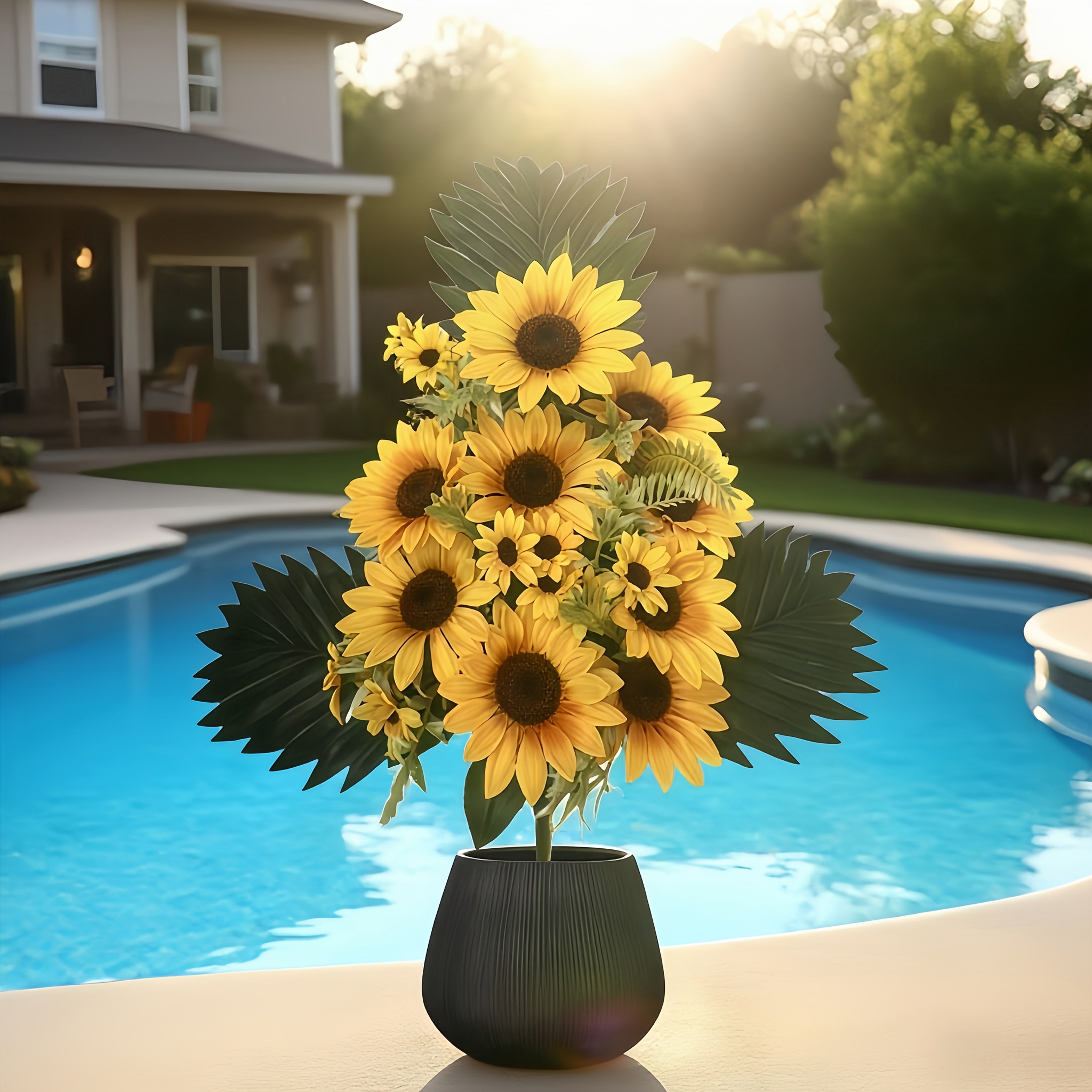 Árbol de Girasoles Artificiales de 60 cm/23.62 pulgadas con 9 Flores y 3 Hojas Grandes Realistas - Decoración de Otoño de Plástico de Alta Calidad, Resistente al Clima para Interior/Exterior, Patio o Mesa, Plantilla Duradera y Fácil Instalación