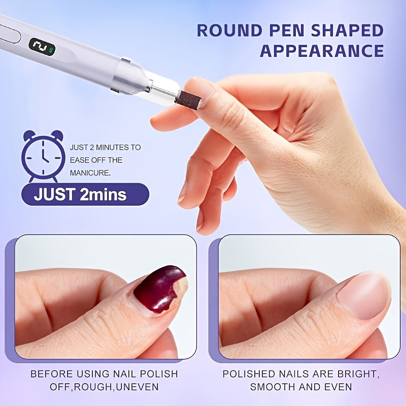 Un dispositivo de doble propósito que combina esmalte de uñas recargable y luz LED, equipado con herramientas hipoalergénicas para dar forma, pulir y eliminar esmalte de uñas. Incluye una pantalla, función de carga USB y batería de litio incorporada.