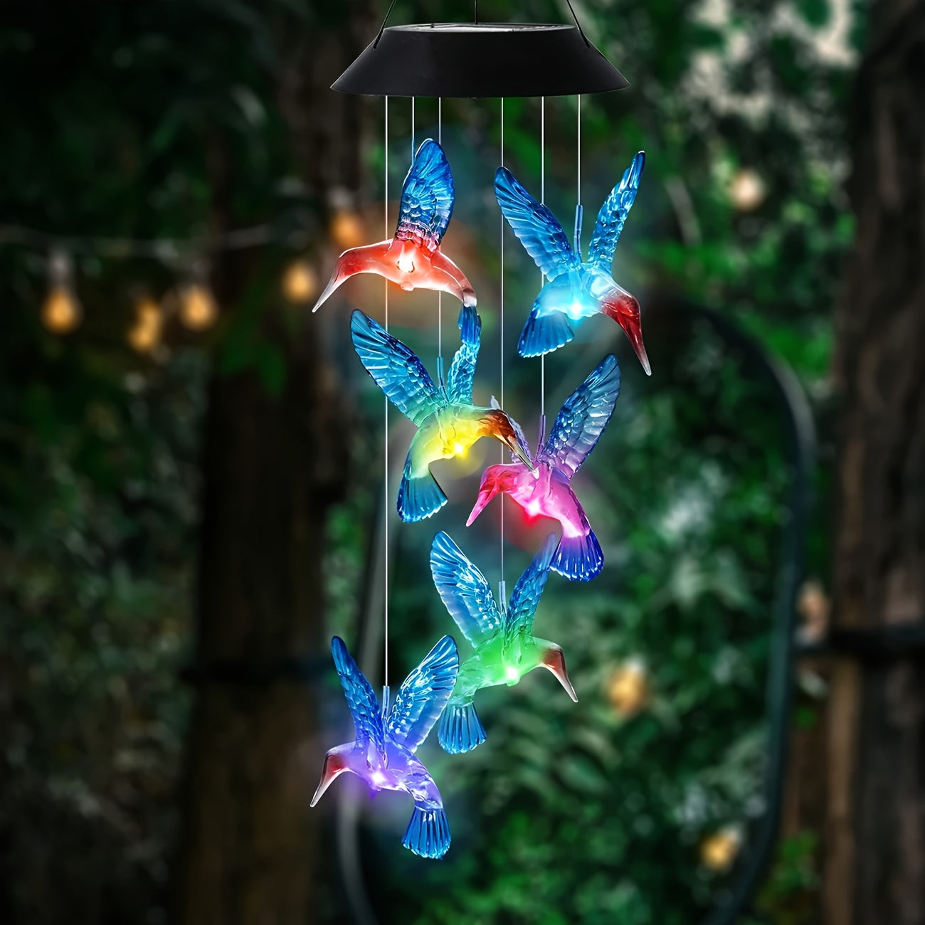 Campanitas de viento con luces LED solares en forma de colibrí, decoración colorida y vibrante para jardines y patios, luces solares para exteriores, comedero para colibríes