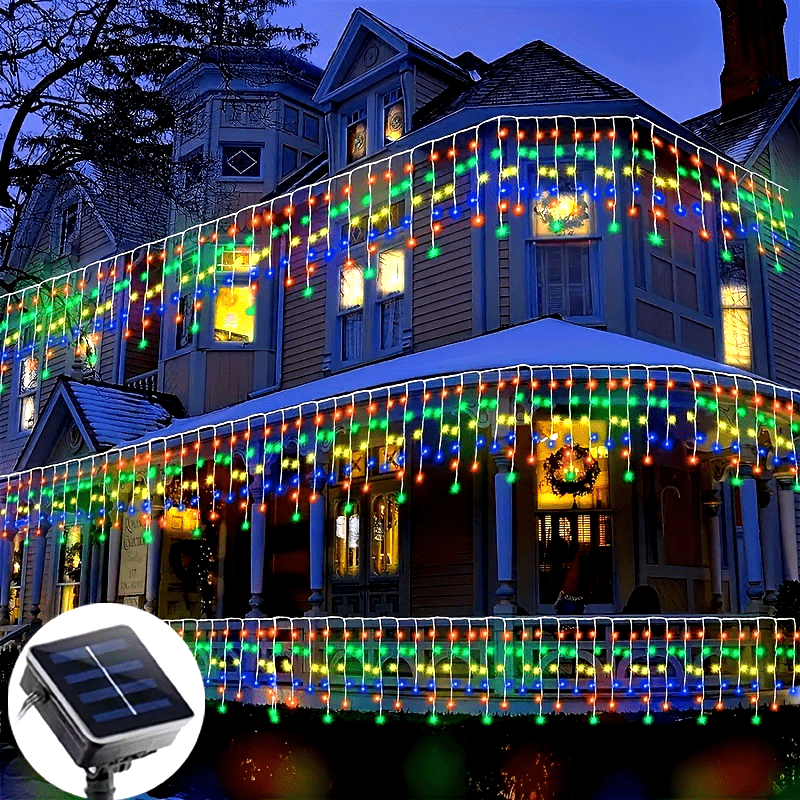Luces de hielo alimentadas por energía solar, 96 LED, 8 modos, 4,2 metros de largo, multicolor (blanco, azul, verde, amarillo, rojo) para decoración de Navidad, vacaciones, bodas y fiestas en interiores y exteriores, impermeables IPX4, sensor inteligente