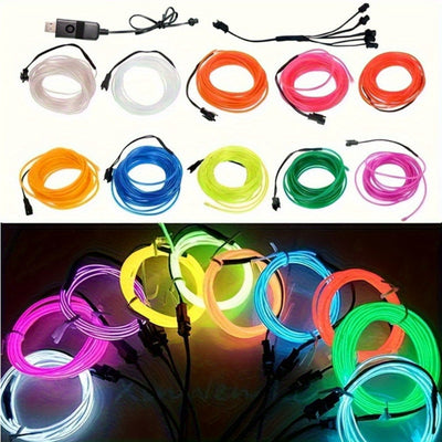Juego de 7 piezas de 2 metros de largo de cable EL luminoso, con interruptor de controlador USB y 3 modos, cable EL de luz fría, cadena de luces decorativas de bricolaje, accesorios de baile fluorescentes.