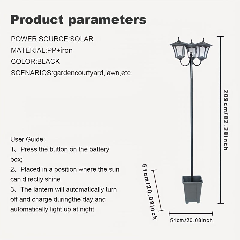 Farol Solar de Estilo Vintage de 235cm Alto con Tres Cabezas, Lámpara Decorativa para Macetas Ahorradora de Energía Primaveral, Luz de Bienvenida Exterior para Entrada, Iluminación Decorativa para Jardín, Farola Pequeña para Parques y Restaurantes con Ma