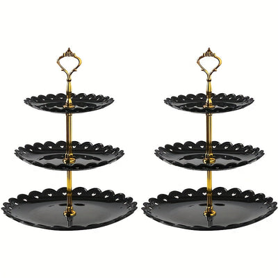2 piezas de Expositores de Postres de Plástico de Estilo Europeo de 3 Niveles, Bandejas de Servicio de Pasteles y Repostería Seguras para Alimentos con Bordes Festoneados para Bodas, Cumpleaños, Fiestas de Té y Reuniones Festivas - Decoraciones Elegantes