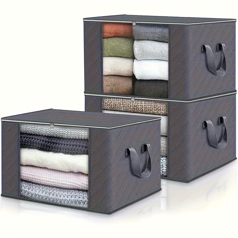 Juego de 3 Cajas de Almacenamiento Plegables de Gran Capacidad con Tapa Abatible y Asas, Contenedores Colapsibles Duraderos de Tela No Tejida para Armario, Dormitorio, Residencia Universitaria, Camping, Viaje - Recipientes Ahorradores de Espacio, Organiz