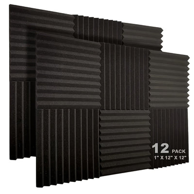 12 paneles de espuma acústica de alta densidad, 2.54 cm x 30.48 cm x 30.48 cm - Cuñas negras absorbentes de sonido para estudio de grabación y oficina en casa, resistentes al fuego, reducen reverberación y ecos, mejoran el rendimiento acústico