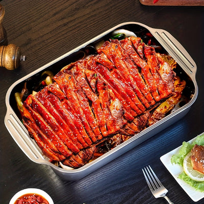 Juego de sartenes para asar hechas de acero inoxidable con tapas - Antiadherentes, robustas, plato de parrilla con dos asas, bandeja de horno versátil para postres, panes y mariscos - Perfecta para barbacoas, bufets y ocasiones festivas