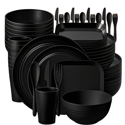 Juego de vajilla de plástico PP ligero, 32/64 piezas, resistente para microondas y lavavajillas, forma redonda moderna, ideal para Año Nuevo, Día de San Valentín y picnics al aire libre (en gris y negro), esenciales para picnic, vajilla moderna, juego de