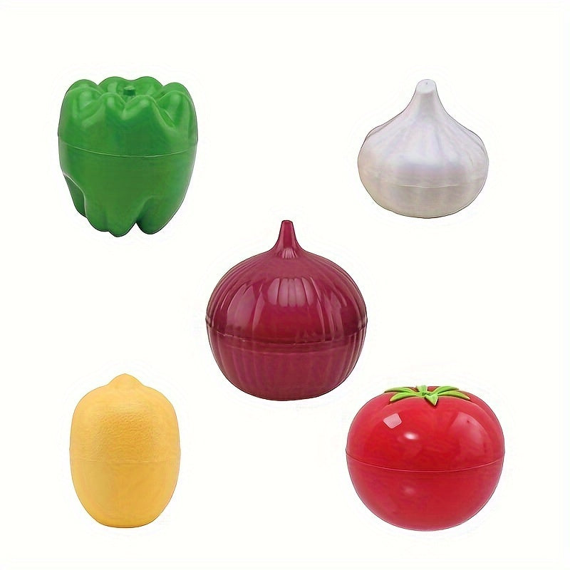 Juego de 5 contenedores de almacenamiento transparentes en forma de frutas y verduras, incluye cajas para limones, aguacates, tomates y cebollas, ideales para mantener los productos frescos en el refrigerador o congelador, esenciales de la cocina.