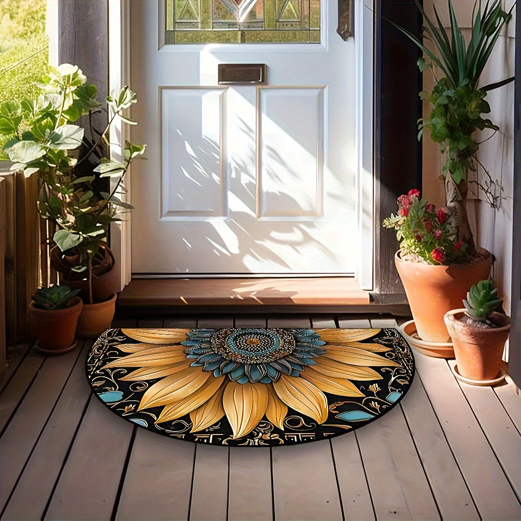 1pc Alfombra de Bienvenida de Girasol - Duradera, Antideslizante para Interior/Exterior con Diseño de Mandala Vibrante en Azul y Dorado, Perfecta para Dormitorio, Cocina, Baño, Patio - Decoración de Hogar Elegante, Regalo de Decoración de Girasol