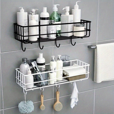 Estante de almacenamiento multifuncional para baño de pared, estante de almacenamiento para cocina, 1 estante de gel de ducha de hierro fundido con gancho, estante de almacenamiento de artículos esenciales para baño de pared sin perforaciones