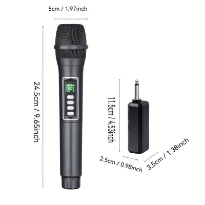 Micrófono inalámbrico negro, 2,4 GHz, sin cables, recargable por USB con batería, con enchufe de 6,35 mm, 4 efectos de cambio de voz, control de volumen, todo recargable, para actuaciones en vivo, conciertos, karaoke, estudios de grabación.