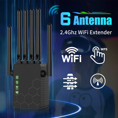 Amplificador y retransmisor de WiFi de 6 antenas - 2,4 GHz de alta velocidad inalámbrica, señal potente, modo dual con modo de seguridad WPS, alta penetración para hogar, oficina, cafetería, centro comercial - enchufe de EE. UU., extensor de WiFi para ho