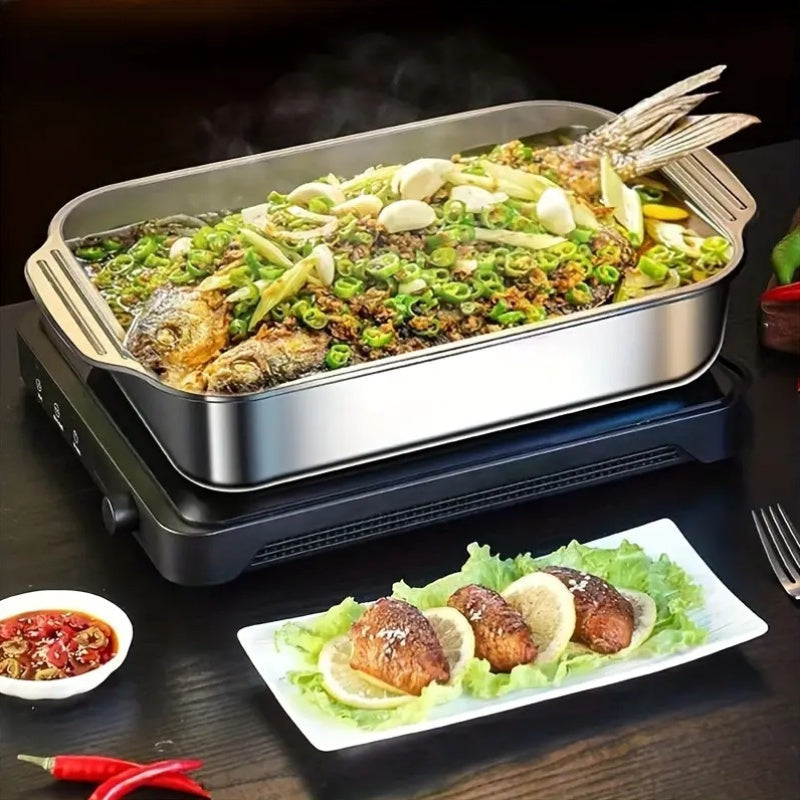 Bandja de horno rectangular extra grande de acero inoxidable pesado con tapa - Sartén para horno gruesa antiadherente para postres, pan, mariscos - Ideal para BBQ, buffet y festividades