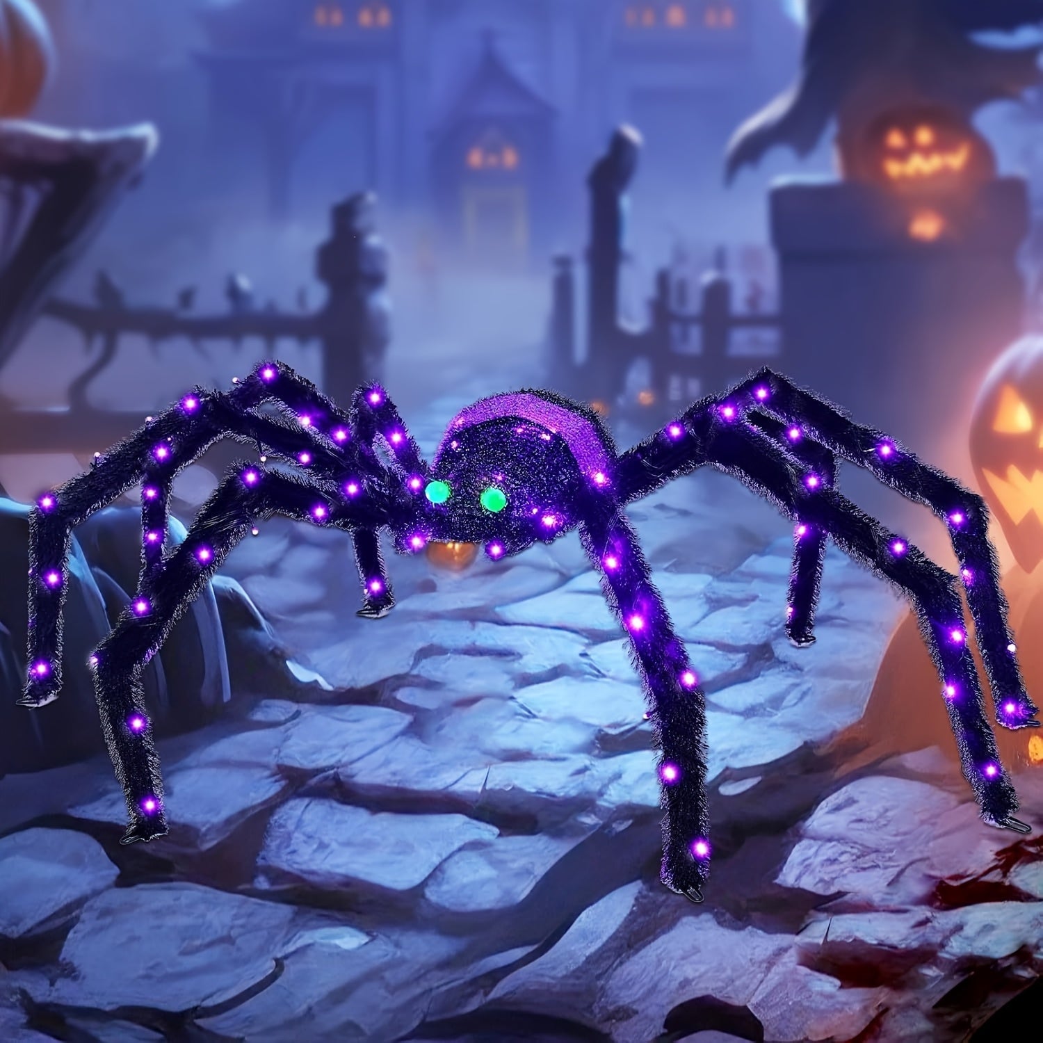 Decoración de Halloween de araña gigante - 50,4" (128,02 cm) luz de exteriores con 90 luces LED, estacas de tierra de metal y decoración de porche para la entrada, jardín o fiesta, casas encantadas, decoraciones de Halloween, decoración de jardín, decora