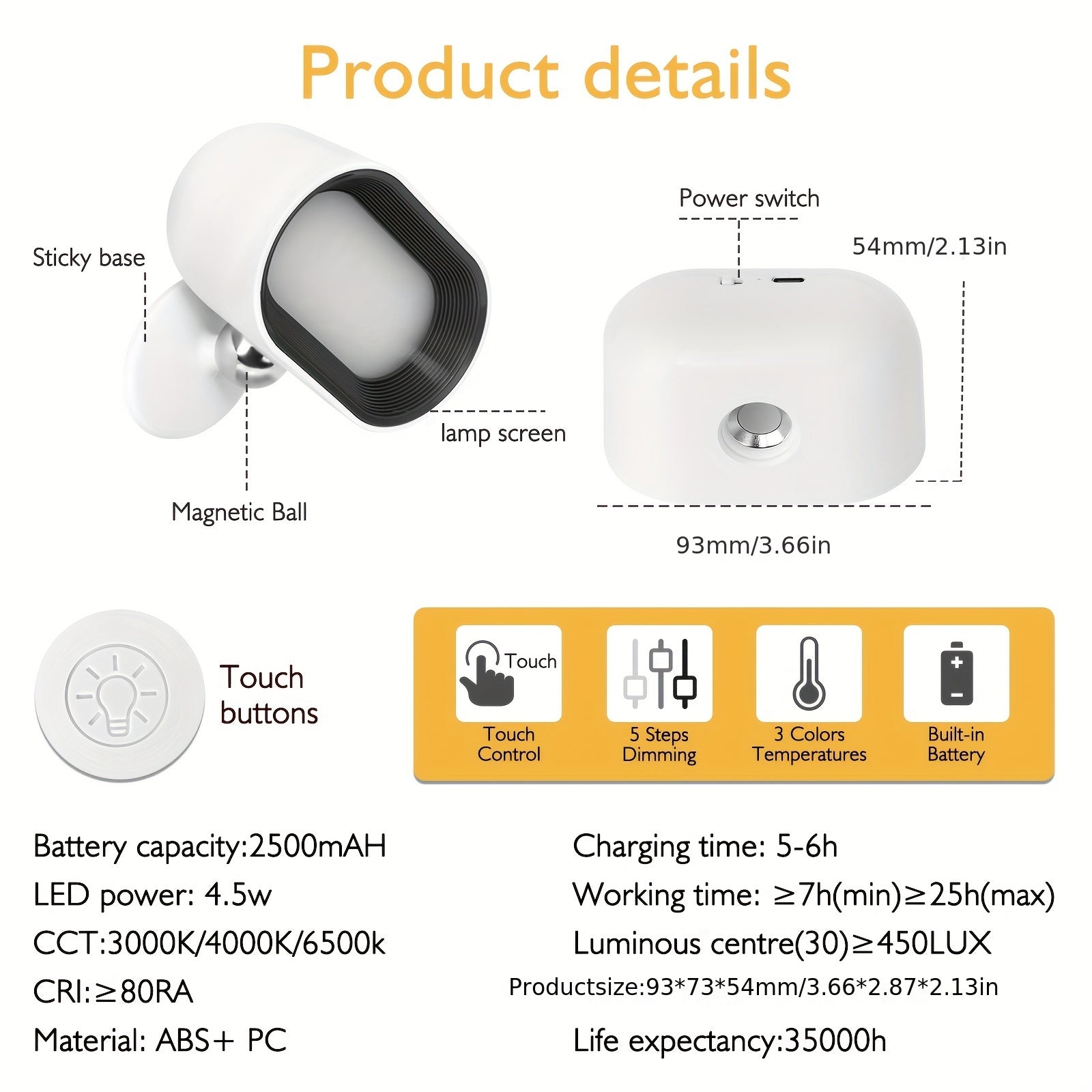 Lámpara de pared magnética moderna con control remoto, luz nocturna táctil giratoria de 360°, cambio de color RGB, aplique regulable con carga USB, montaje empotrado desmontable para dormitorio, sala de estar, pasillo, con sensor de infrarrojos, batería