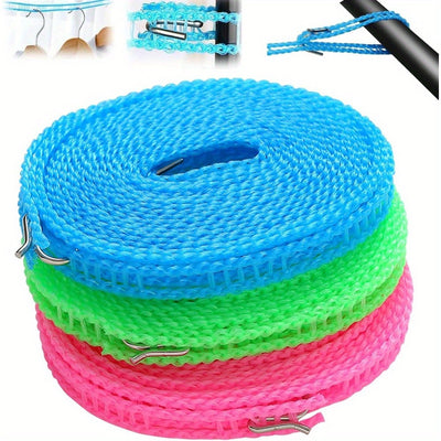 3 piezas de línea de ropa de plástico duradera - Resistente al viento y antideslizante, azul, verde y rosa, 196,85 pulgadas de largo con ganchos de acero inoxidable - Línea de ropa portátil para viajes, camping, hogar y uso hotelero, Línea de ropa para v