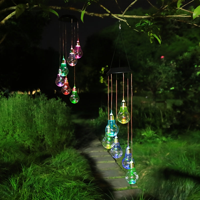 Luces de pendiente de carillón eólico LED de colores alimentadas por energía solar, lámpara de montaje semicolgante a prueba de agua con sensor de luz, accesorio de jardín colgante decorativo solar, juego de 6 bombillas, sombrillas de plástico, batería d