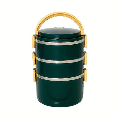 1 Lonchera grande de acero inoxidable de 3 niveles, contenedor de comida reutilizable y portátil con asa dorada para camping, picnics y uso en la cocina - Solución de almacenamiento de alimentos, esenciales para picnic, lonchera elegante y duradera