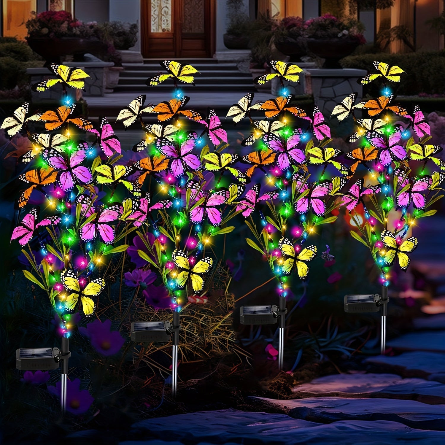 Luces solares para jardín con mariposas - Lámparas LED coloridas para césped con detalles de mariposas, decoración exterior para patio, jardín y caminos, regalo perfecto para el Día de la Madre, iluminación para senderos | Luces decorativas de mariposas