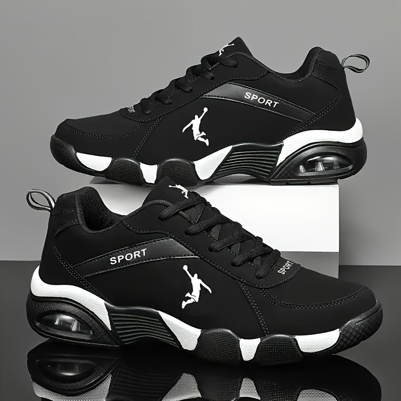 Zapatillas deportivas para hombre con cojín de aire - Parte superior de malla transpirable y PU, diseño geométrico, cierre con cordones, color negro/blanco para correr al aire libre, caminar y atuendo casual, ajuste cómodo.