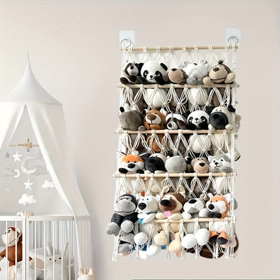 Estantería de Almacenamiento para Juguetes de Peluche Estilo Boho Chic de 1-4 Niveles - Organizador Tejido a Mano para Dormitorio, Guardería y Baño, Ideal para Animales de Peluche y Artículos Decorativos, Blanco, Almacenamiento Lindo