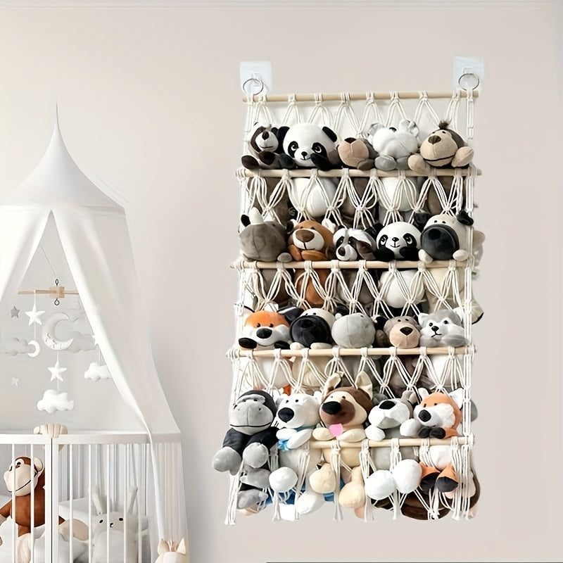 Estantería de Almacenamiento para Juguetes de Peluche Estilo Boho Chic de 1-4 Niveles - Organizador Tejido a Mano para Dormitorio, Guardería y Baño, Ideal para Animales de Peluche y Artículos Decorativos, Blanco, Almacenamiento Lindo