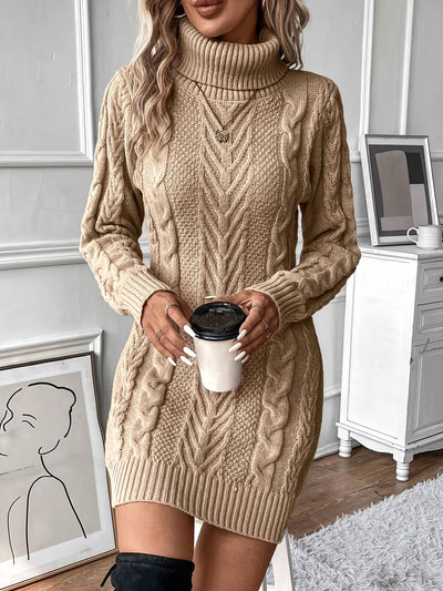 Vestido de Punto de Cable Elegante para Mujer - Cuello Alto Chic, Manga Larga, Vestido de Poliéster Negro Sólido con Diseño de Cuerda Texturizada, Perfecto para Otoño e Invierno