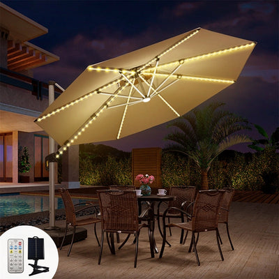 1pc Sombrilla Solar con Luz, Gran Sombrilla Rectangular para Exterior con Base y Soporte, Diseño Doble Cara con 104 Luces LED Solares, 8 Modos de Iluminación Control Remoto, Blanco Cálido para Jardín o Piscina, Beige, Incluye Batería