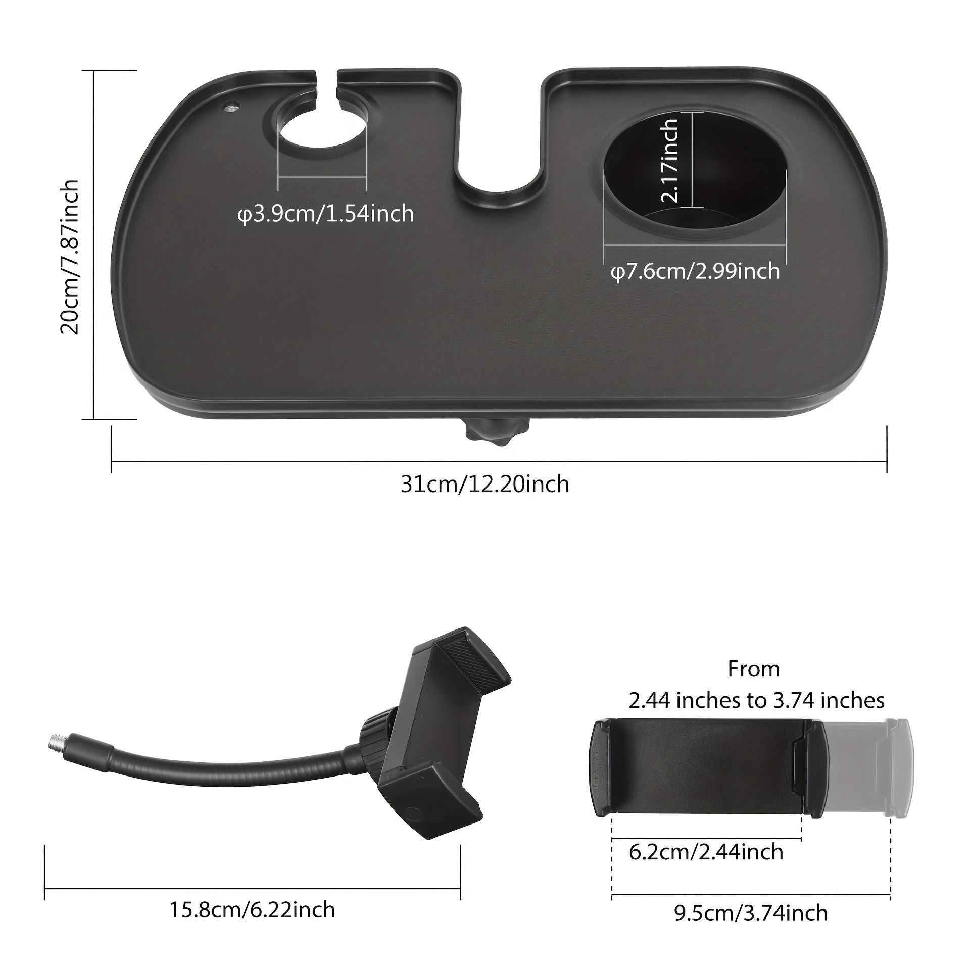 Soporte de micrófono ajustable con bandeja y soporte para teléfono inteligente con abrazadera, material ABS, ajuste universal para escenario, transmisión en vivo y conciertos - Negro