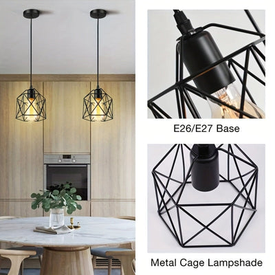 Lámpara colgante de estilo industrial E27 con base de tornillo negro - Candelabro de hierro rústico con diseño geométrico para cocina, bar, comedor y escalera, montaje semi-inclinado, cableado duro, 110-240V, no incluye bombilla, iluminación de cocina |
