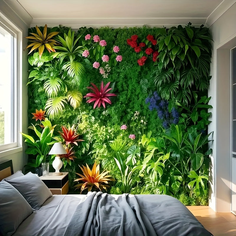 Cuatro paneles grandes (11,3 pies cuadrados) con arte de pared de plantas artificiales de alta calidad, mostrando agave, helechos persas, hojas de palma y flores con texturas realistas. Ideales para decoración de interiores y exteriores, hechos de plásti