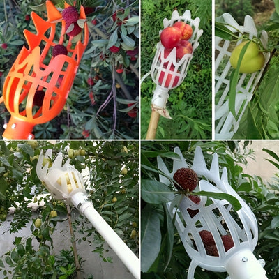 Canasta Ajustable para Recolector de Frutas - Cucharón Plástico Amarillo y Naranja para Recoger Bayas y Frutas Fácilmente, Diseño con Palo Telescópico para Mango, Cereza, Arándanos, Níspero y Más